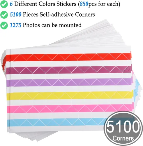 Vista 2 de 50 hojas de esquinas autoadhesivas para fotos, capacidad para 1275 fotos, 6 colores, 5100 unidades, calcomanías de esquina para montaje de fotos