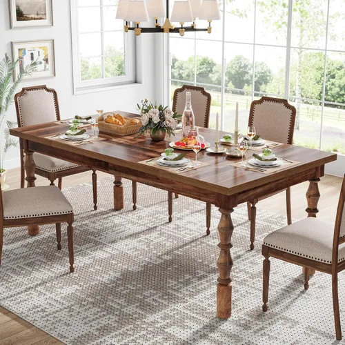 Vista 3 de Tribesigns Mesa de comedor de granja de 62 pulgadas para 4-6 personas, mesa de cocina rectangular grande, mesa de comedor, muebles de cocina y Nogal
