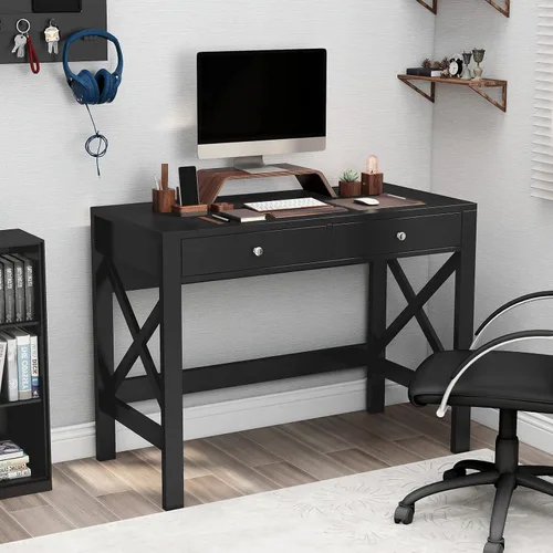 Vista 4 de ChooChoo Escritorio de Oficina en Casa Mesa de Escritura Mesa de Computadora Diseño Moderno Escritorio Negro con Cajones, Mesa de Tocador