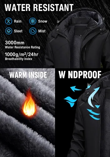 Vista 2 de PEGENO Chaqueta de Esquí para Hombre Resistente al Agua Cortavientos Aislada Forro Polar Térmico Chaquetas de Invierno Parka Impermeables Con Capucha