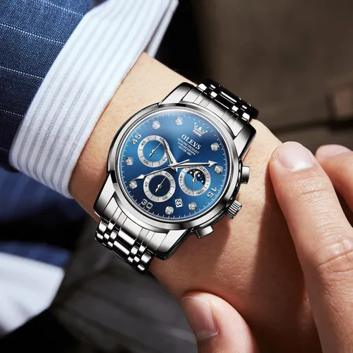 Vista 7 de OLEVS Reloj cronógrafo para hombre, esfera grande, multifuncional, fácil de leer, de acero inoxidable, analógico, de cuarzo, con fecha, de lujo