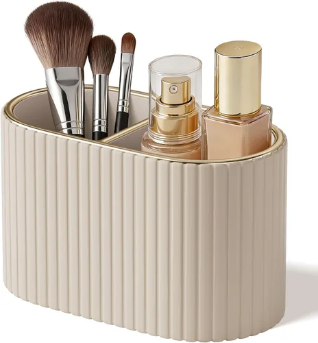 Vista 10 de KINGFOM Organizador de brochas de maquillaje con divisor, soporte de piel sintética para encimera de baño y tocador, organizador de almacenamiento