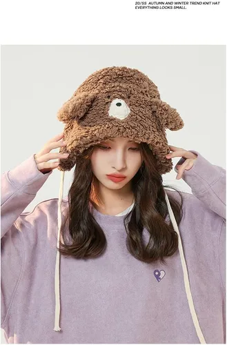Vista 4 de Lindo sombrero de oreja de oso kawaii estético, gorro de invierno suave y cálido para mujer