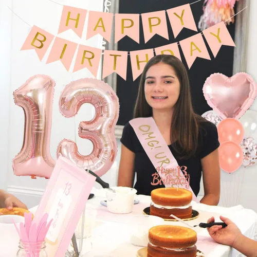 Vista 4 de Decoración de fiesta de cumpleaños para adolescentes, decoraciones de fiesta de cumpleaños de 13 para niñas con globos de oro rosa para adolescentes