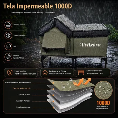 Vista 2 de Casa climatizada para gatos para exteriores, refugio de invierno aislado a la intemperie con base elevada y ventana transparente, puerta de escape