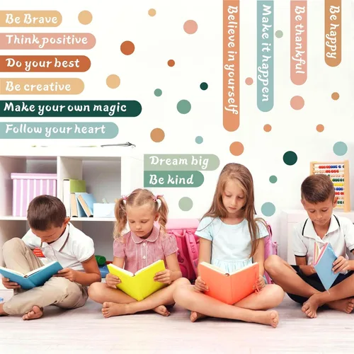 Vista 4 de Colorida calcomanía de pared inspiradora, citas motivacionales, calcomanías de pared con texto positivo para aula, diseño de lunares extraíbles