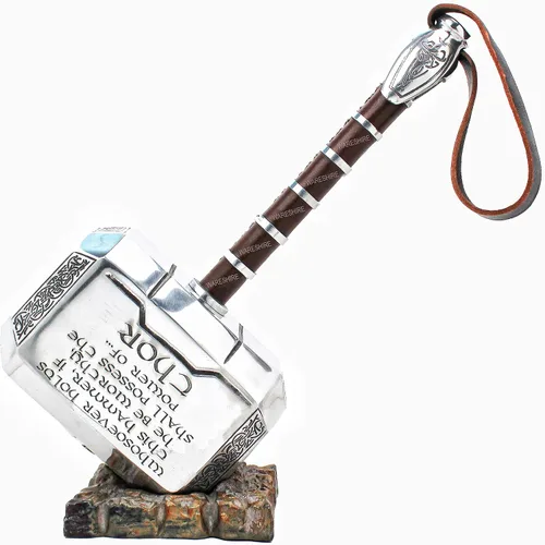 Vista 6 de Martillo de Thor Premium Mjolnir de metal con base de exhibición de latón correa de muñeca de cuero Cosplay Prop LARP Medieval Roleplay