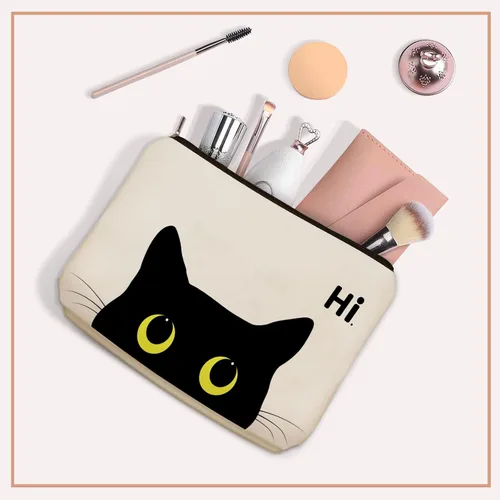 Vista 6 de Bolsa de maquillaje de gato negro para regalo de mamá y gato: bonita bolsa de cosméticos y artículos de tocador para niñas y mujeres, hermanas