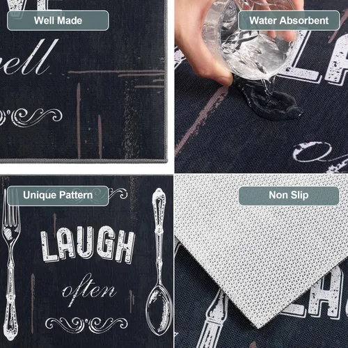 Vista 5 de Carvapet Juego de 2 alfombras de cocina con respaldo antideslizante, tapete para cocina, corredor de entrada, diseño de lema, negruzco/gris oscuro