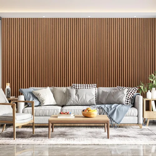 Vista 4 de Paneles de revestimiento de pared de listones de madera, paquete de 3 paneles de pared 3D de WPC insonorizados para decoración de pared