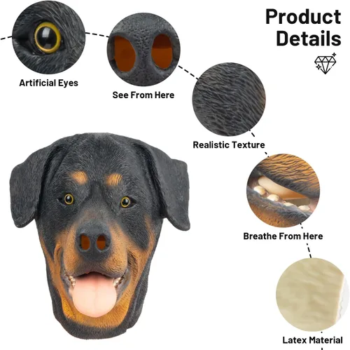 Vista 6 de PartyHop Rottweiler Máscara de cabeza de perro de látex animal de cabeza completa, máscaras realistas para Halloween, carnaval, fiesta de disfraces