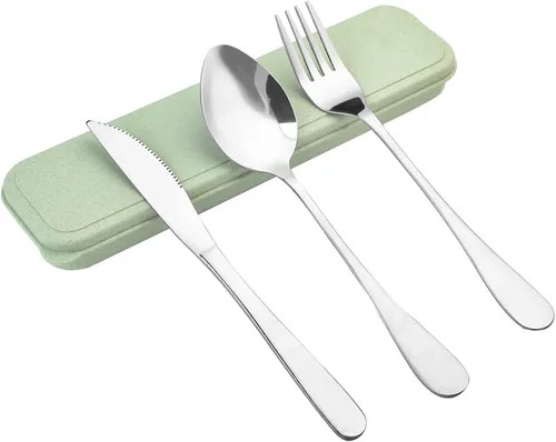 Vista 10 de Juego de cubiertos de viaje con estuche, utensilios reutilizables portátiles - Cuchara, cuchillo, tenedor y caja de almuerzo Beige