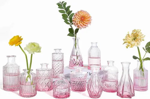 Vista 14 de UPBUD Juego de 5 jarrones de cristal ámbar, pequeños jarrones marrones para flores Mini jarrones a granel para decoraciones de boda, jarrón