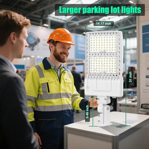 Vista 3 de BBESTLED 400W/320W/240W luces LED para estacionamiento con brazo y montaje deslizante, iluminación exterior del atardecer al amanecer, luz