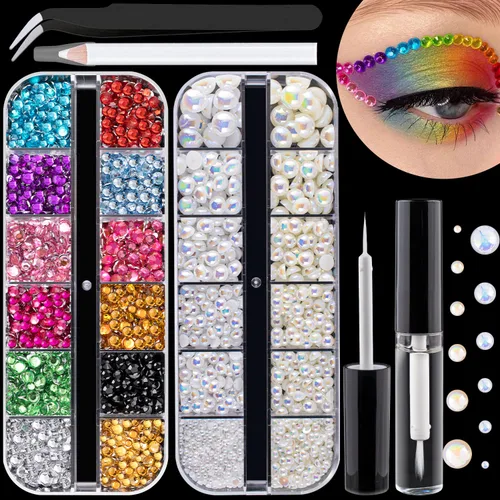 Vista 13 de Kits de estrases con parte trasera plana, estrases de colores+cristales AB y gemas faciales transparentes blancas para uñas con pegamento