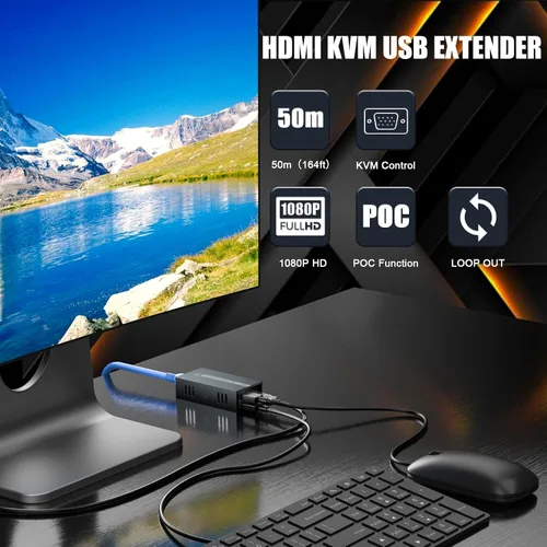 Vista 4 de PWAYTEK Extensor Ethernet USB KVM HDMI sobre Cat5e/Cat6/Cat7/Cat8-164ft Transmisión de largo alcance, claridad de 1080p@60Hz, bucle 3D HD, POC