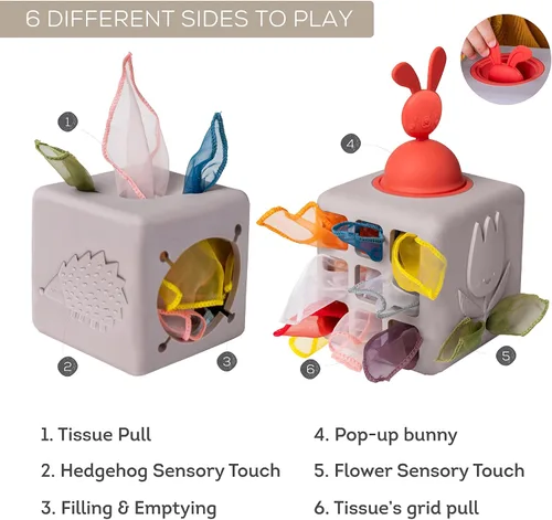 Vista 11 de Taf Toys Caja de pañuelos para bebé con conejito emergente - Actividad sensorial Montessori con 10 pañuelos de tela para el desarrollo motor fino