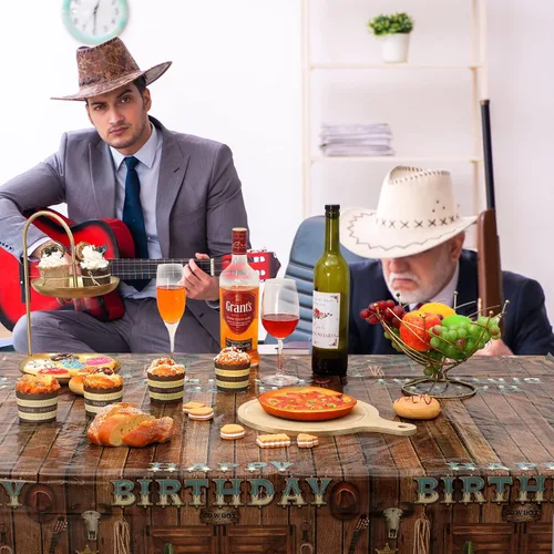 Vista 7 de BBTO 3 manteles occidentales para decoración de fiesta de cumpleaños, mantel de feliz cumpleaños del oeste, mantel de plástico occidental