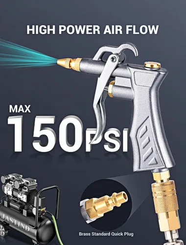 Vista 5 de JASTIND Pistola de soplado de aire industrial con boquilla de flujo de aire ajustable de latón y 2 extensiones de acero, herramienta de accesorios