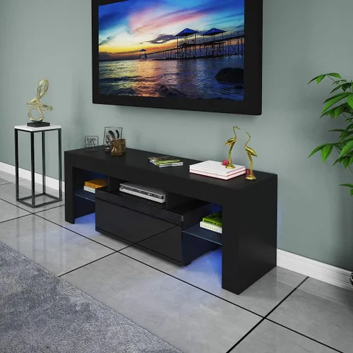 Vista 7 de Soporte de TV, gabinete multimedia de estilo minimalista moderno para sala de estar con luces LED de alto brillo (negro)