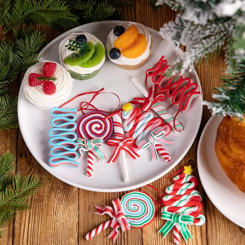 Vista 6 de Codree 8 piezas Adornos de piruleta de Navidad - Adornos de caramelo de Navidad de arcilla polimérica - Adornos navideños de bastón de caramelo B-8