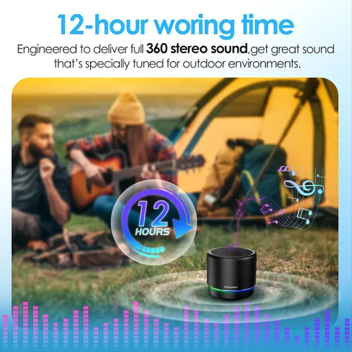 Vista 3 de Altavoz Bluetooth portátil 5.4, mini altavoz, duración de la batería de 12 horas y micrófono de reducción de ruido, cubierta de metal