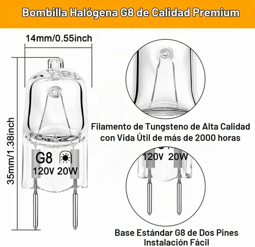 Vista 2 de Bombilla halógena G8 de 20 W, 120 V, T4, tipo JCD, base G8, bombillas de xenón bi-pines, regulables con larga vida útil, bombillas halógenas G8