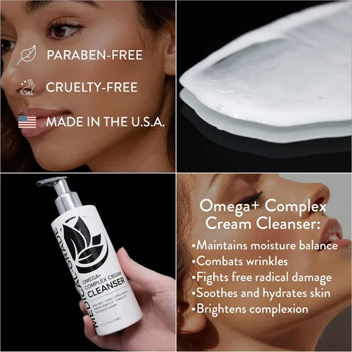 Vista 4 de Microderm GLO Omega+ Complex Cream Limpiador facial, lavado facial diario y removedor de maquillaje, todo tipo de piel, Omega 3 y 6, retinilo