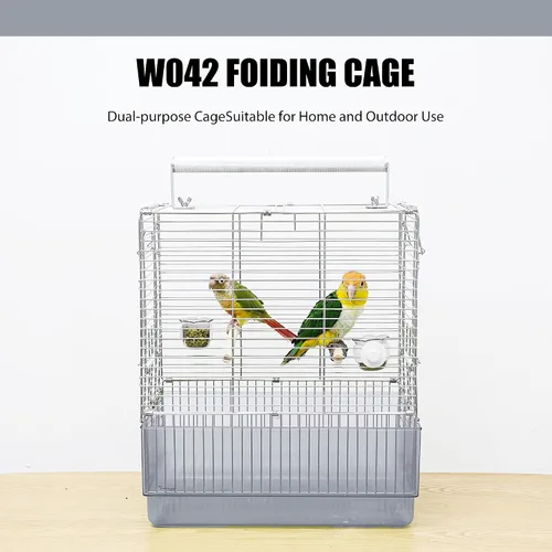 Vista 7 de Jaula para pájaros de viaje de acero inoxidable, 304 portátil, plegable, para loros, conures, cacatúas, periquitos, jaula grande de 17 pulgadas