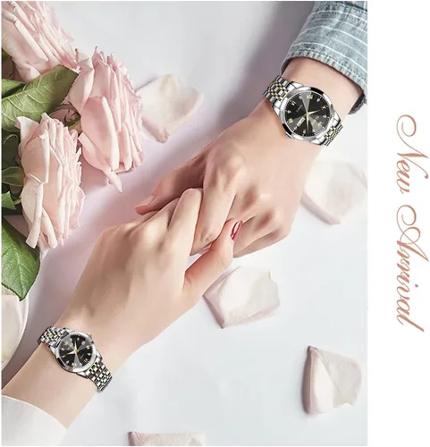 Vista 19 de OLEVS Reloj para parejas para él y ella, reloj analógico de cuarzo para hombres y mujeres, de acero inoxidable, impermeable, luminoso, fecha, reloj