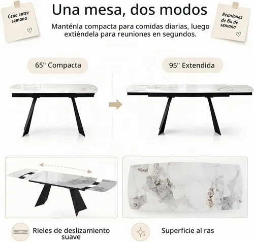 Vista 4 de Honyee Mesa de comedor de piedra sinterizada, mesa de comedor extensible con hojas, parte superior rectangular de aspecto de mármol, asientos 6-12