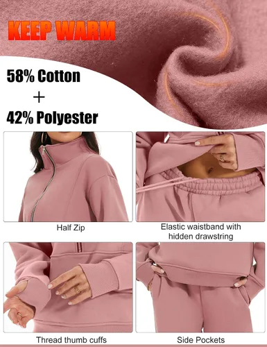 Vista 4 de PEHMEA Conjunto deportivo de 2 piezas de otoño para mujer, con forro polar, holgado, manga larga, media cremallera, cómodo conjunto de descanso