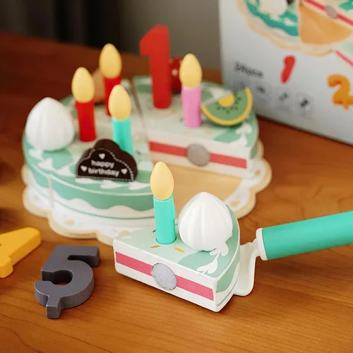 Vista 3 de Juego de comida de madera para jugar a pastel de cumpleaños, juego de fiesta de té para niños pequeños, juegos de accesorios de cocina Montessori