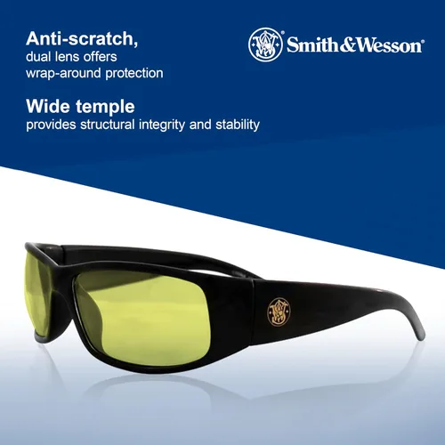 Vista 4 de Smith & Wesson® Gafas de seguridad Elite™ (21305), con revestimiento antivaho y lentes ámbar (amarillo) y montura negra, unisex para hombres