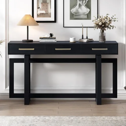 Vista 17 de Elegante mesa consola con tres cajones, mesa de entrada extra larga para entrada, pasillo, sala de estar, vestíbulo, pasillo (gris antiguo ~ 076)