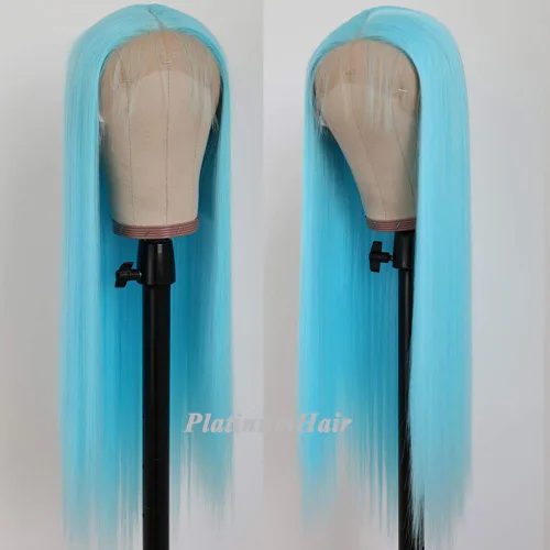 Vista 2 de Pelucas de encaje frontal color azul con encaje frontal, peluca para usar y llevar, sin pegamento, pelucas de cabello largo y lacio, pelucas