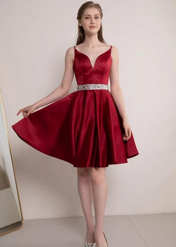 Vista 3 de Vestidos cortos de satén para baile de graduación, con tirantes delgados, vestidos de regreso a casa, cuello en V, con cuentas, vestidos de fiesta