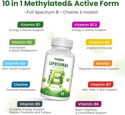 Vista 7 de Methylated B Complex,Liposomal Methyfolate 5-MTHF,Methylated B12 Complex,Ultra High Absorption with Choline Inositol-Supports Methylation,Energy and