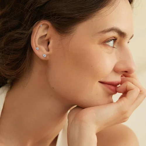 Vista 6 de MASOP VOGU 3-5mm Sterling Silver Stud Earrings Set 14K White Gold Plated Hypoallergenic Tiny Round Cut CZ Cubic Zirconia Simulated Diamond Cartilage