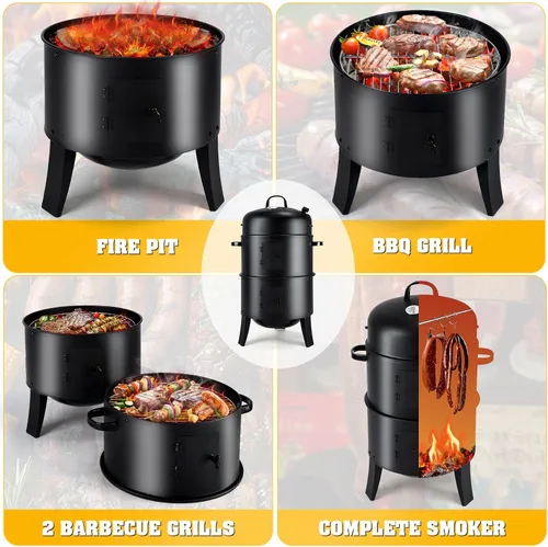 Vista 3 de Parrilla vertical para ahumar carbón de 32 pulgadas, parrilla de barbacoa resistente con termómetro integrado, parrilla 3 en 1 y ahumador, olla