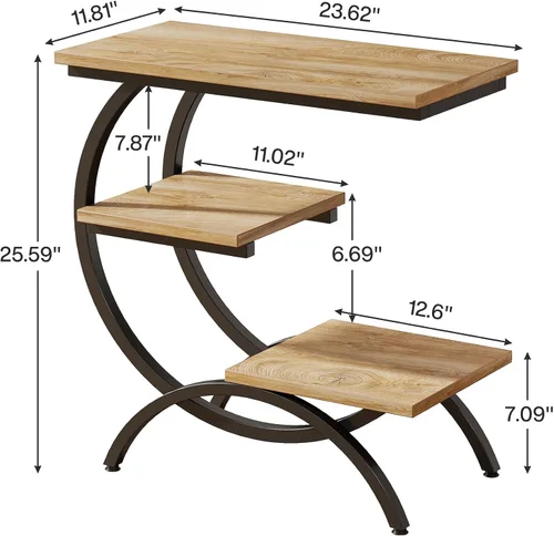 Vista 2 de Tribesigns Mesa Auxiliar en Forma de C, Mesa Auxiliar Industrial Pequeña de 3 Niveles para Sofá, Mesa de Noche de Madera Mesa Auxiliar de Aperitivos