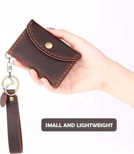 Vista 4 de Cartera de cuero genuino para tarjetas de crédito, organizador de tarjetas de crédito para mujeres y hombres, monedero pequeño llavero, Café, Simple