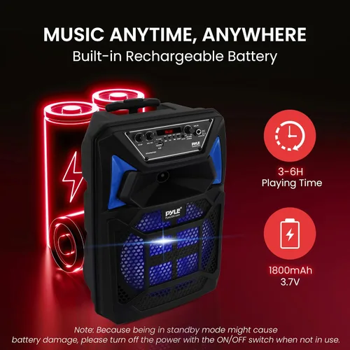 Vista 5 de Pyle Altavoz PA Bluetooth y sistema de micrófono, altavoz de karaoke portátil con micrófono con cable, luces LED de fiesta integradas, radio FM