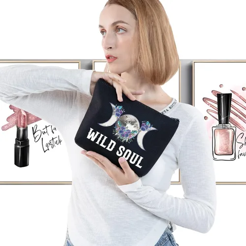 Vista 3 de LEVLO Bolsa de maquillaje cosmética de fase lunar, regalo de bruja luna, bolsa de maquillaje con cremallera para mujeres y niñas, Alma salvaje