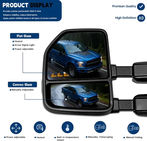 Vista 5 de AERDM Nuevo Espejo de Remolque Compatible con Espejos Laterales Ford Super Duty F-250 F-350 F-450 F-550 1999-2016, Negro con Vidrio Calefactado