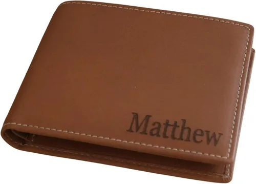 Vista 9 de Cartera de cuero real para hombre, billetera personalizada plegable con bloqueo RFID, cartera con ventana para identificación, tarjetero de cuero