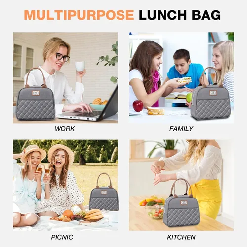 Vista 7 de Lekesky Lonchera para mujer, lonchera aislada, bonita bolsa de almuerzo a prueba de fugas para el trabajo de adultos, color gris