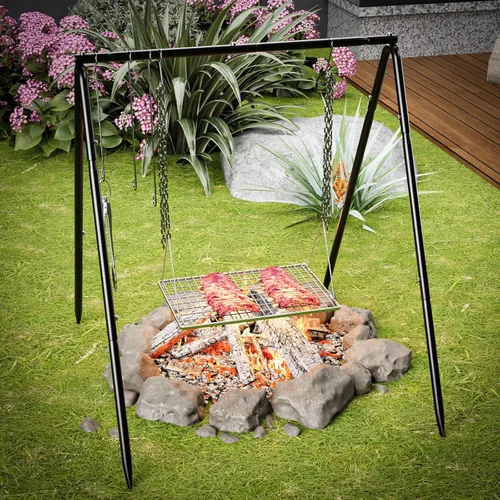 Vista 7 de Bruntmor - Soporte de cocina para fogata, parrilla para utensilios de cocina, horno holandés Bruntmor patas plegables ajustables con ganchos