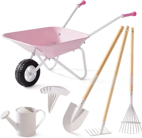 Vista 10 de ROBOTIME Carretilla para niños con juego de jardinería – Carretilla de metal para niños pequeños, juguete de juego al aire libre con herramientas