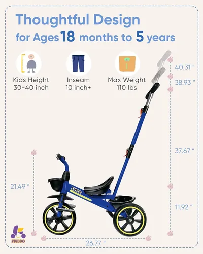 Vista 6 de KRIDDO Triciclo 2 en 1 para niños de 18 meses a 5 años de edad, mango de empuje extendido para empujar sin esfuerzo, triciclo de regalo para niños